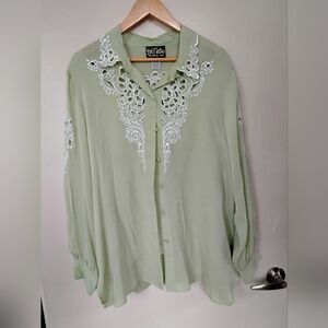 Bob Mackie Sage Button Down Shirt with White Embroidery